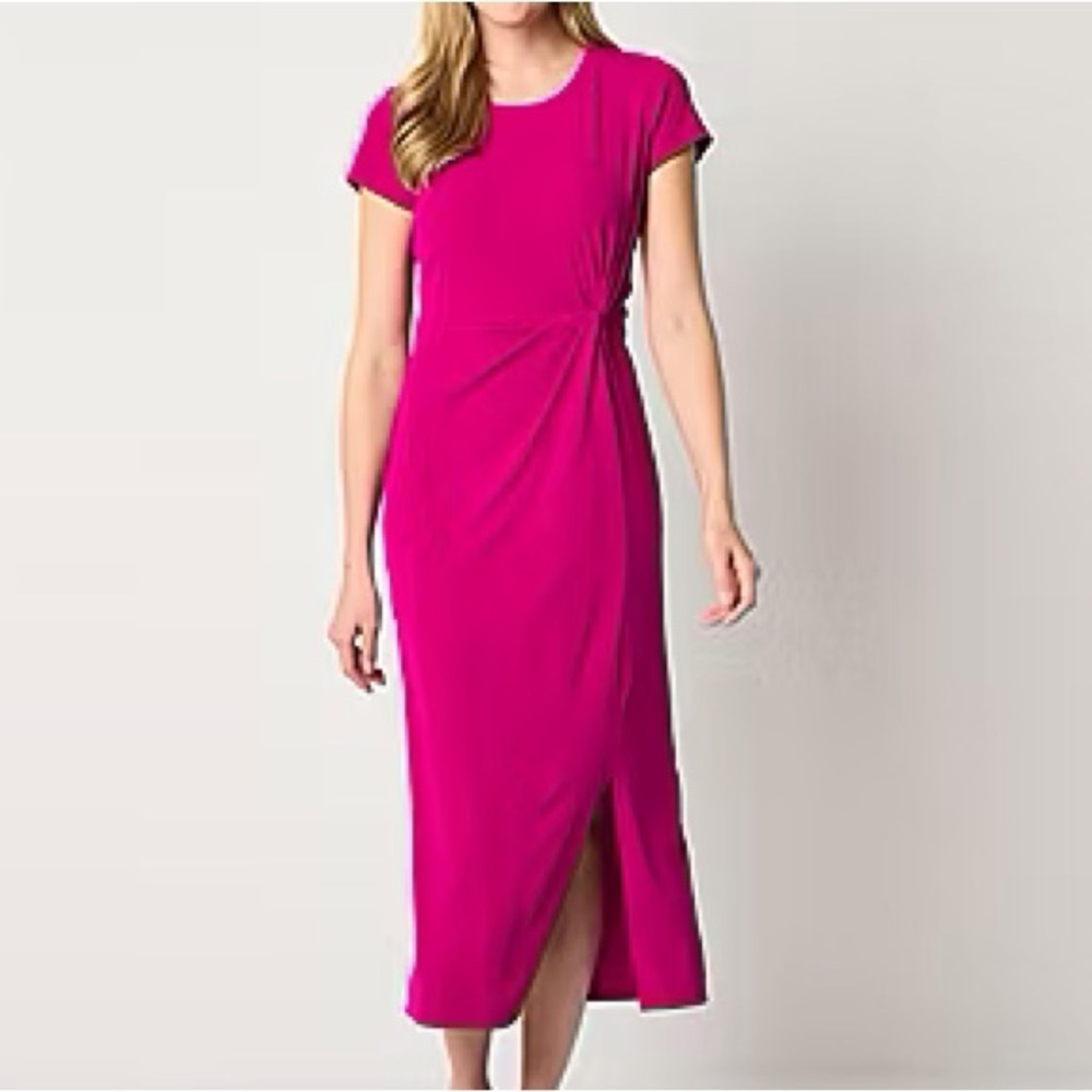 Liz Claiborne Women S Fuchsia Pink Short Sleeve Twist Side Maxi Sheath Dress NWT